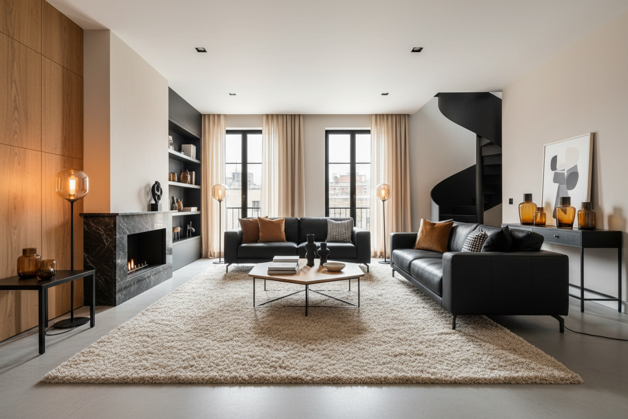 departamento moderno con tonos miel y negro con tapete estilo shaggy color beige rectagular