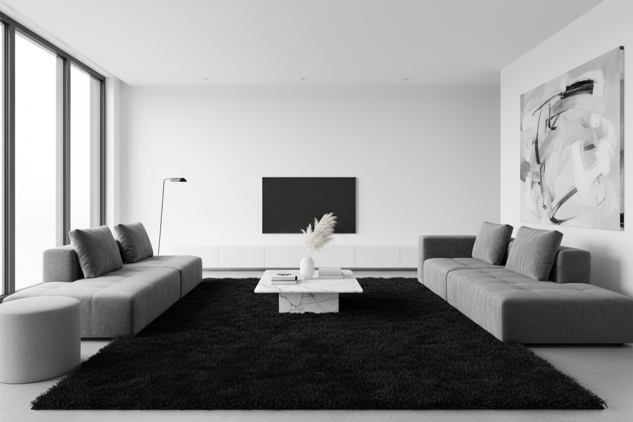 tapete shaggy color negro en departamento moderno con matices gris y blanco