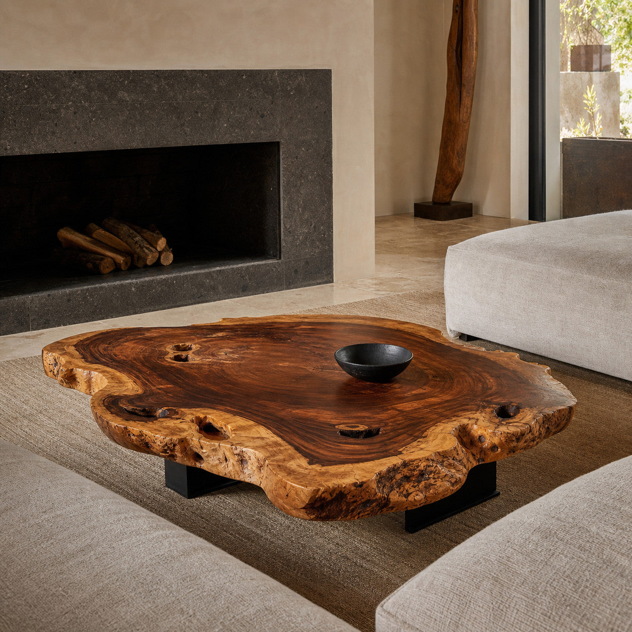 Mesa de centro irregular de parota en interior contemporáneo